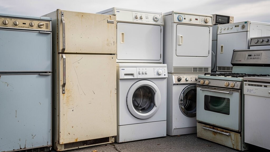 Professional crew carefully moving a refrigerator down a staircase