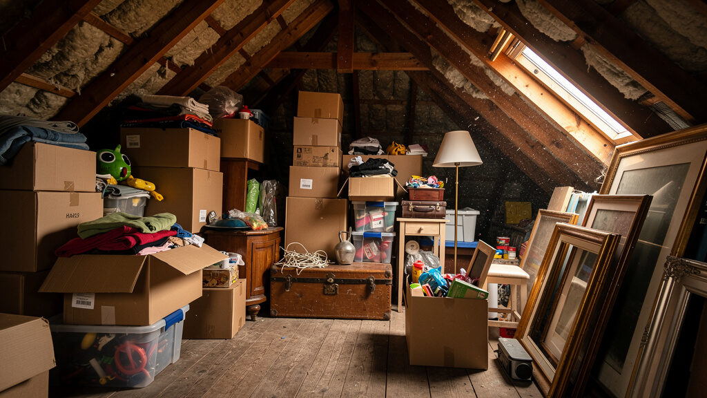 Attic space packed with boxes, trunks, and decades of accumulated items