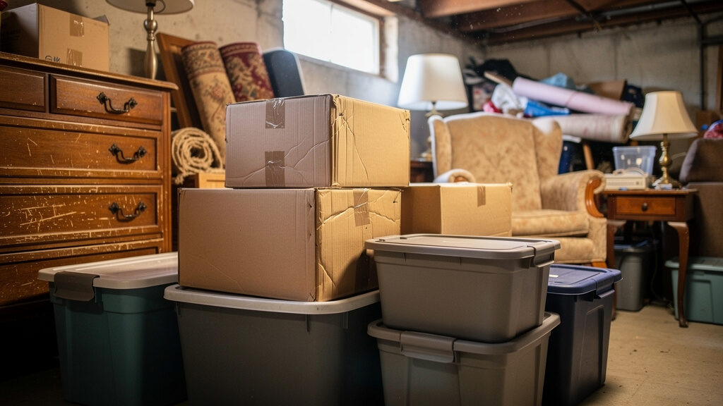 Basement full of boxes, old furniture, and accumulated storage items before cleanout