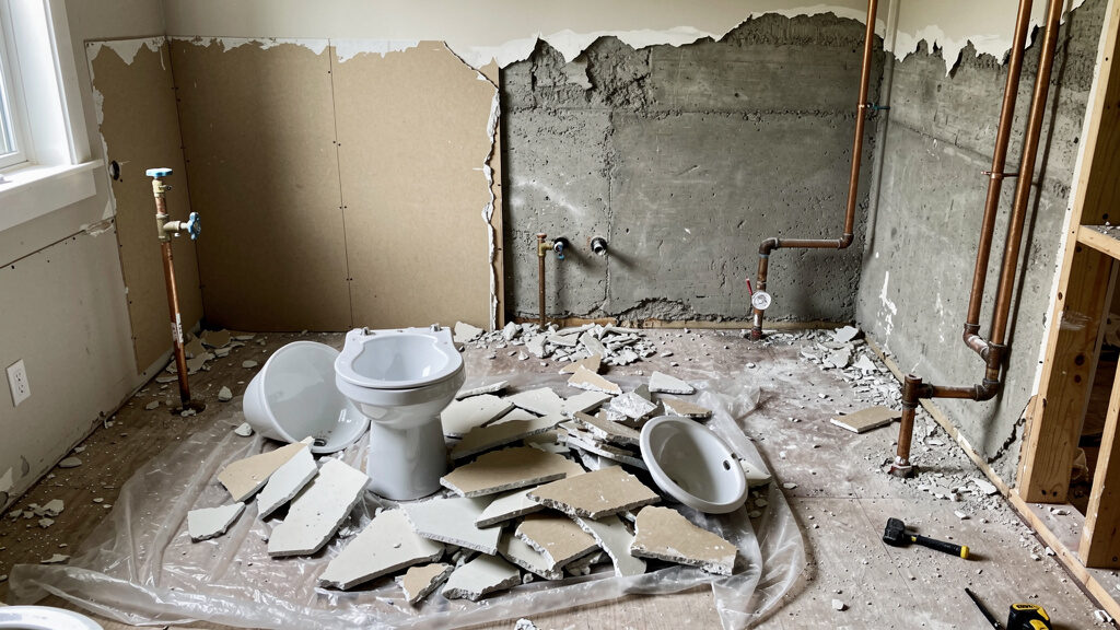 Bathroom demolition showing removal of fixtures and tile
