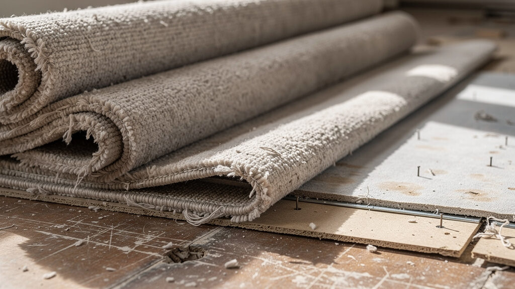 Carpet removal team rolling up old carpet for disposal