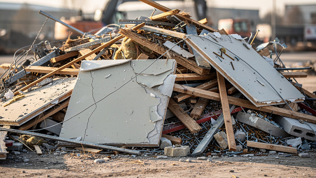 Construction debris removal team loading debris into truck