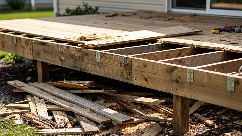 Deck demolition crew dismantling wooden deck structure