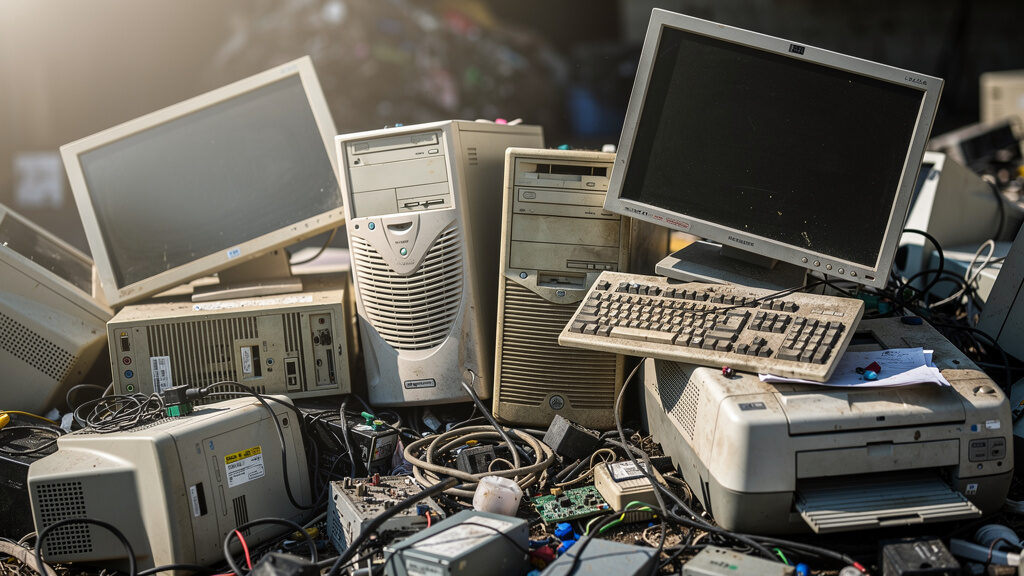 Stack of old computer monitors and electronics waiting for removal