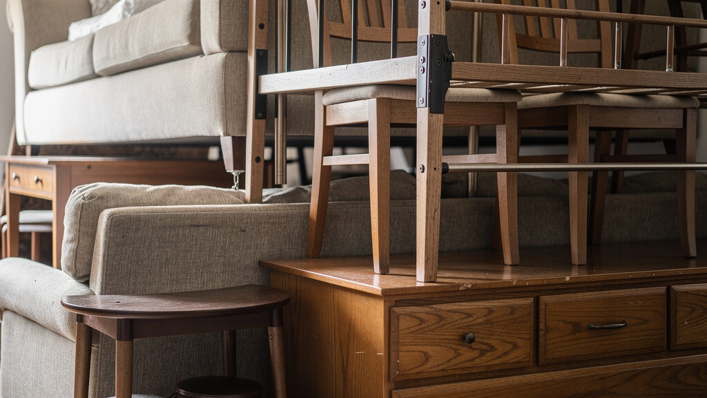 Furniture removal crew carrying a couch through a doorway