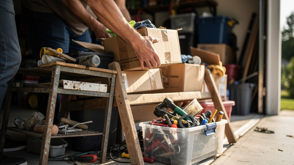 Garage filled with years of accumulated tools, boxes, and equipment before cleanout