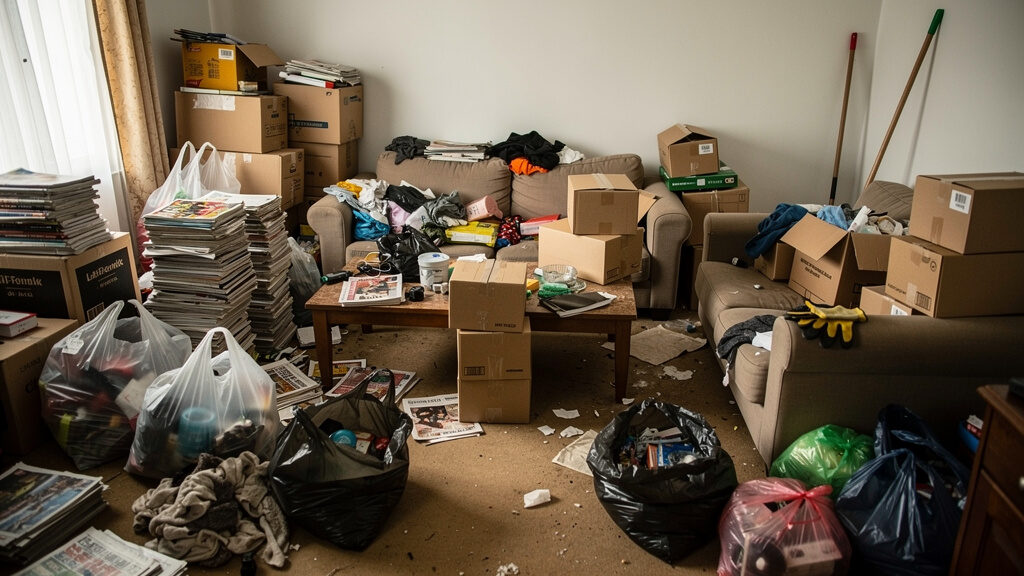 Interior space showing significant accumulation of items requiring professional hoarding cleanup