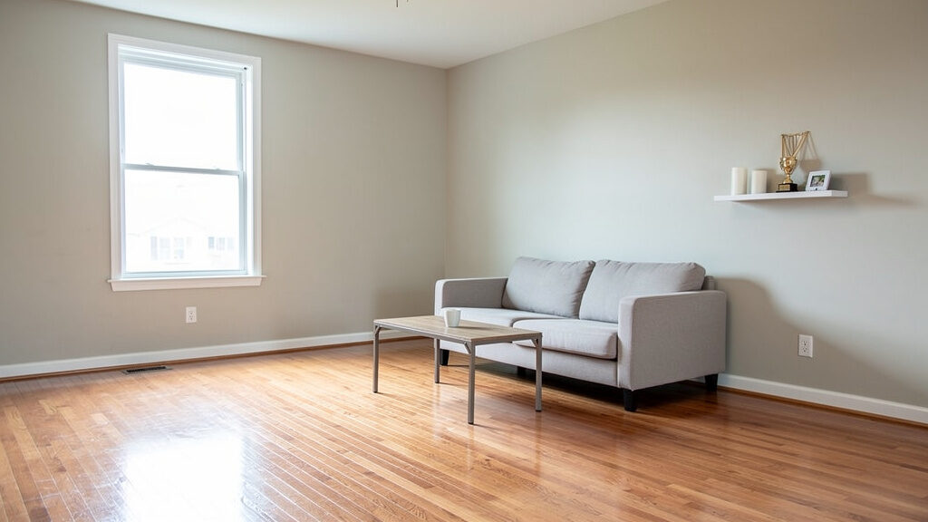 Cleared living space after professional hoarding cleanup, ready for organized living