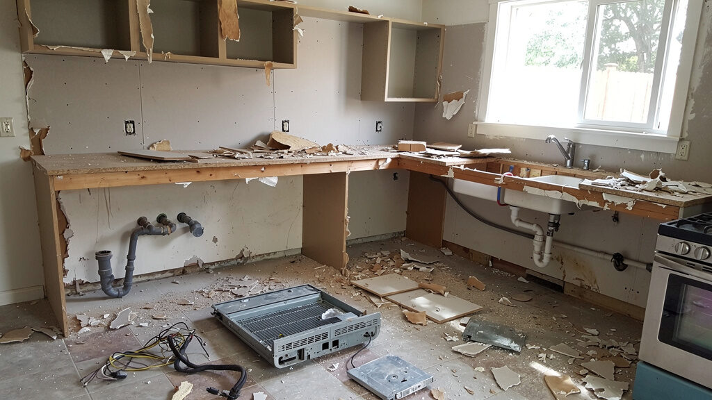 Kitchen demolition team removing old cabinets and appliances