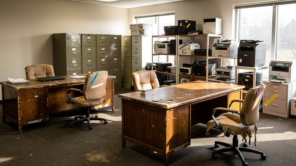 Removal crew carefully loading office desks and filing cabinets into truck