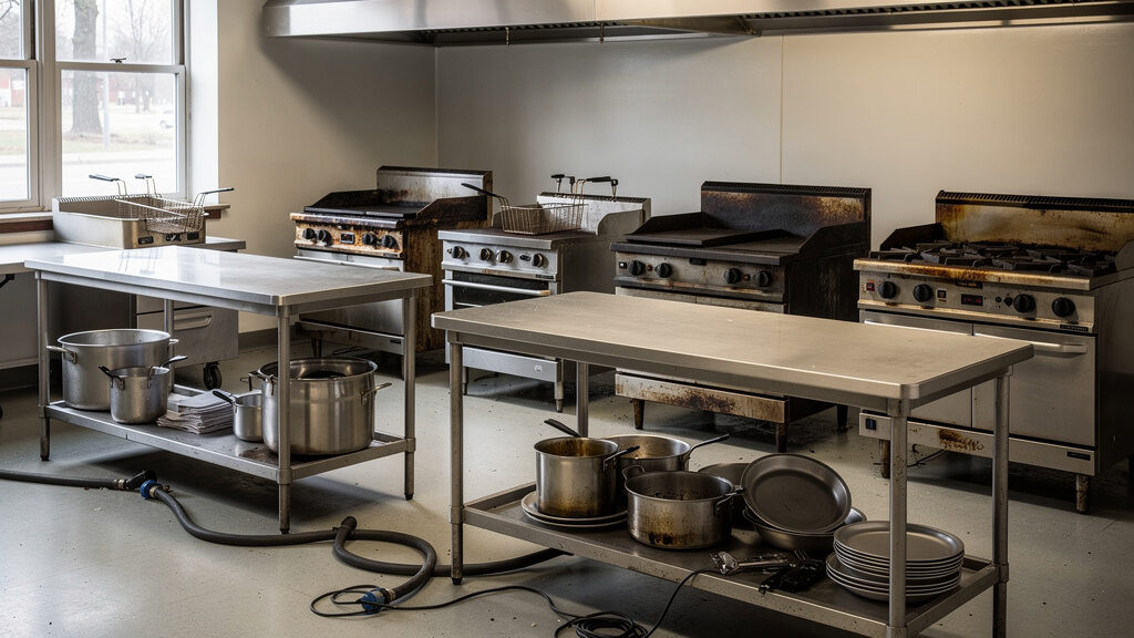 Commercial kitchen equipment being removed from restaurant