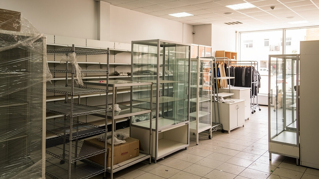 Retail shelving and display cases being removed from a store