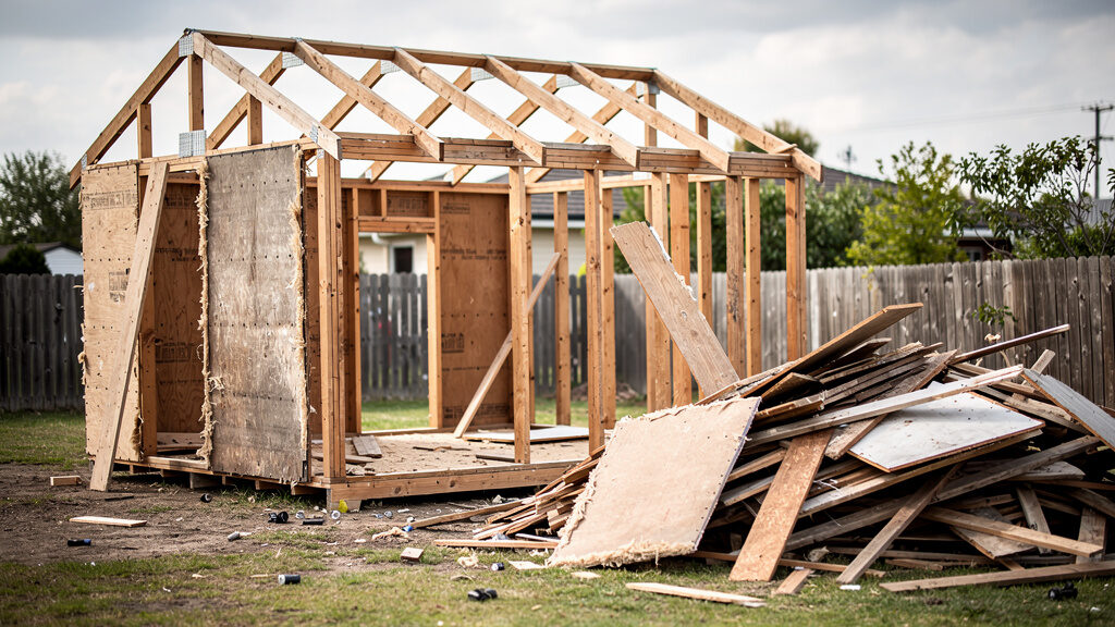 Shed removal team dismantling shed structure