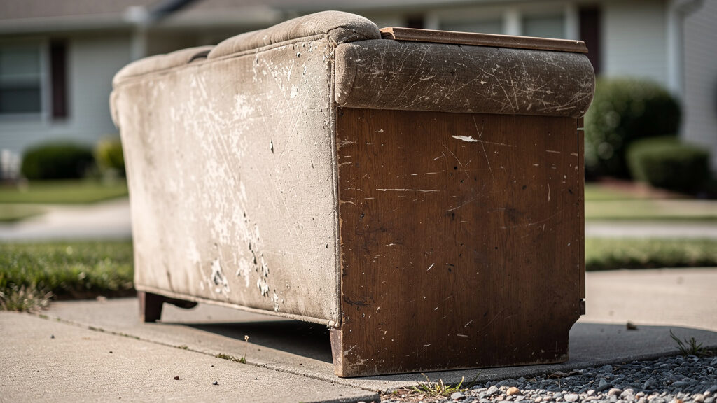 Single recliner chair being carefully removed from a home by removal crew
