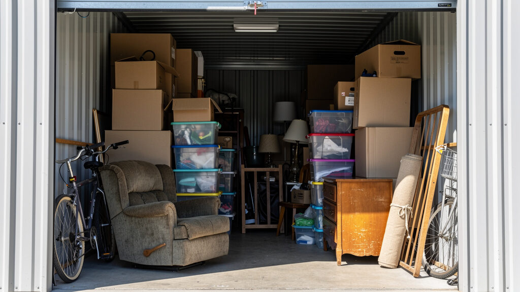 Storage unit filled with boxes, furniture, and accumulated items needing professional removal