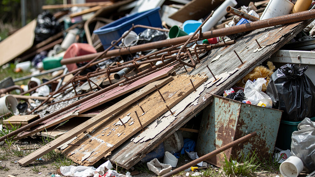 Professional crew loading large piles of trash into removal truck
