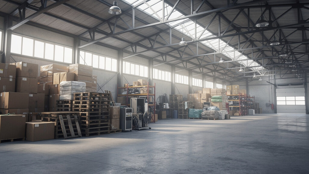 Large warehouse with shelving and racking being cleared by removal crew