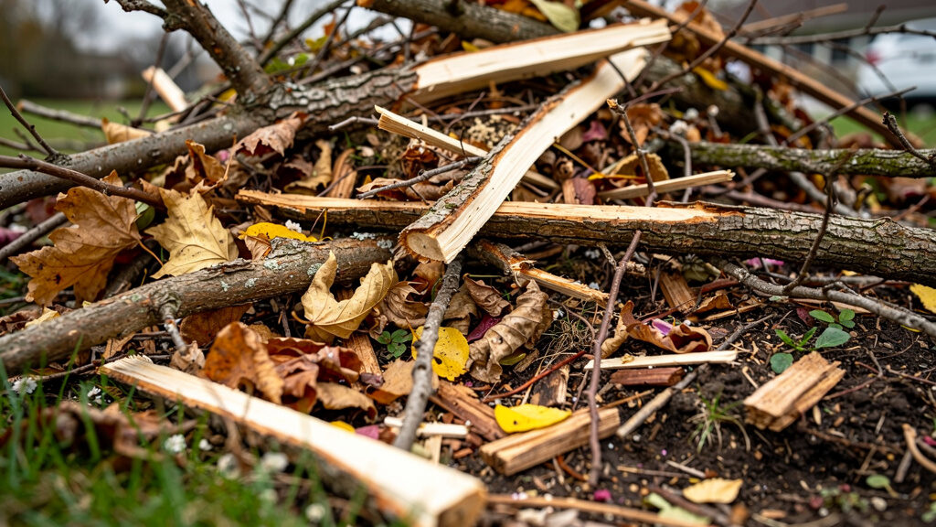 Large pile of branches and yard debris being loaded into a removal truck